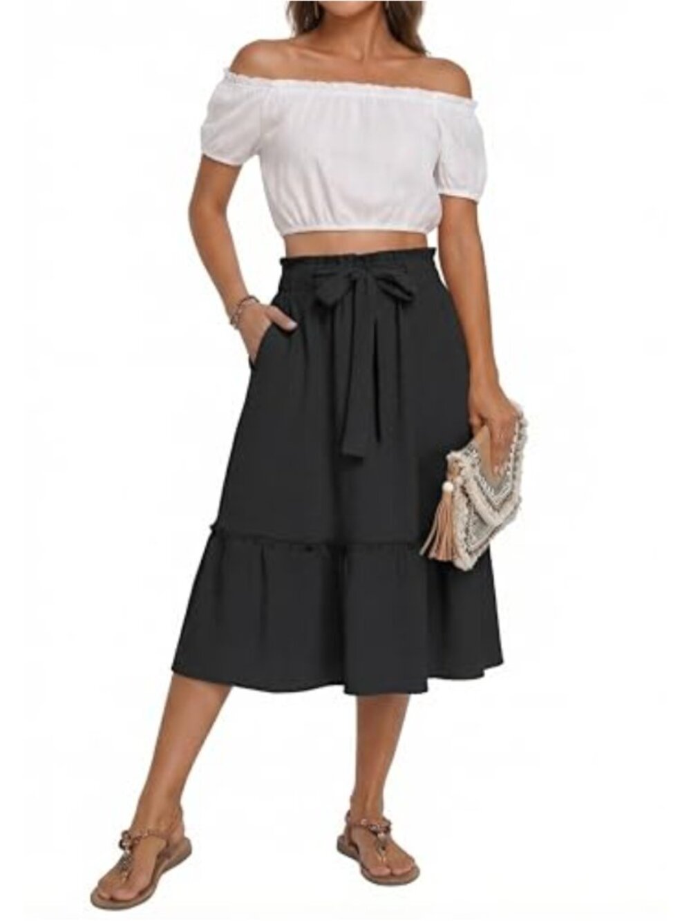 Flowy Midi A-Line Skirt with Pockets for Women Boho Beach Style